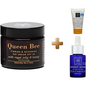 Apivita Queen Bee Συσφιγκτική και Επανορθωτική Κρέμα Hμερας SPF15 50ml & Natural Serum 15ml & Suncare SPF30 15ml < Erp